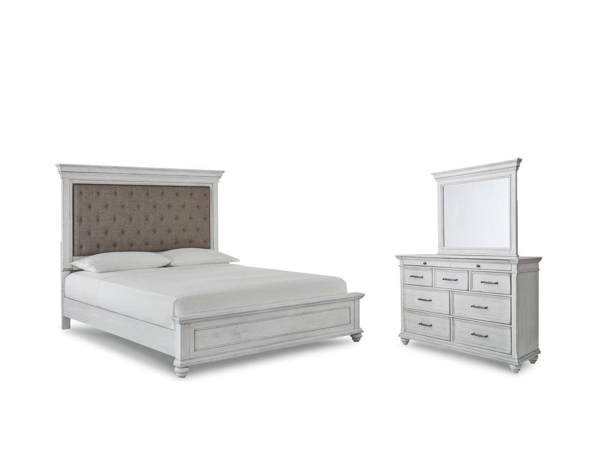 Kanwyn Queen Panel Bed with Mirrored Dresser in Whitewash from Ashley - Luna Furniture