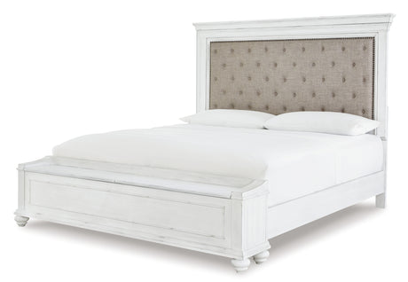 Kanwyn Queen Panel Bed with Storage with Mirrored Dresser, Chest and 2 Nightstands in Whitewash from Ashley - Luna Furniture