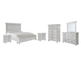 Kanwyn Queen Panel Bed with Storage with Mirrored Dresser, Chest and 2 Nightstands in Whitewash from Ashley - Luna Furniture