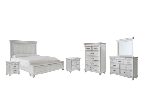 Kanwyn Queen Panel Bed with Storage with Mirrored Dresser, Chest and 2 Nightstands in Whitewash from Ashley - Luna Furniture