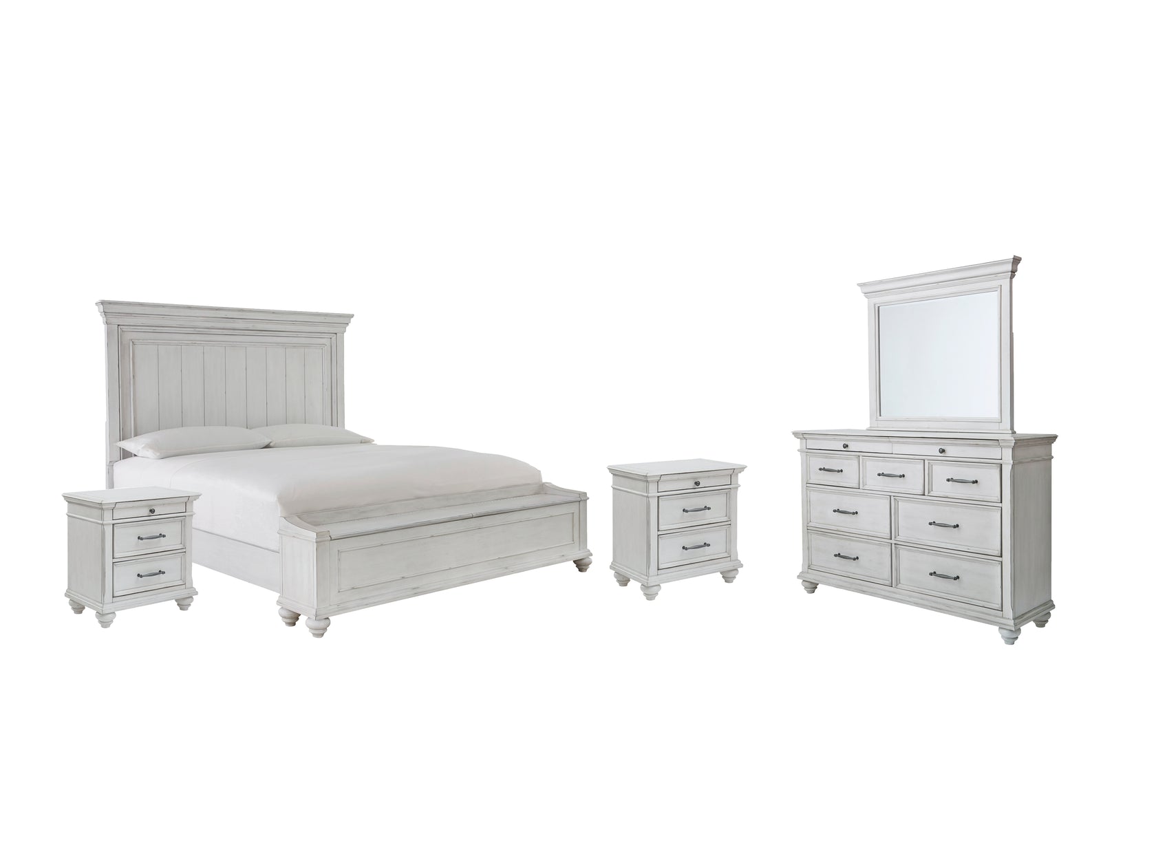 Kanwyn Queen Panel Bed with Storage with Mirrored Dresser and 2 Nightstands in Whitewash from Ashley - Luna Furniture