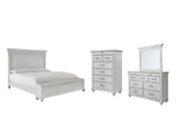 Kanwyn Queen Panel Bed with Storage with Mirrored Dresser and Chest in Whitewash from Ashley - Luna Furniture