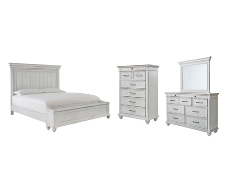 Kanwyn Queen Panel Bed with Storage with Mirrored Dresser and Chest in Whitewash from Ashley - Luna Furniture