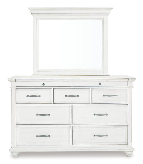 Kanwyn Queen Panel Bed with Storage with Mirrored Dresser and Chest in Whitewash from Ashley - Luna Furniture
