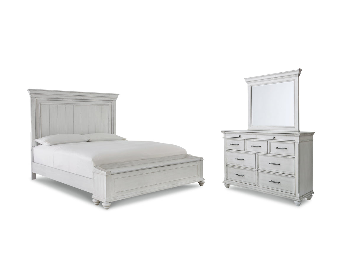 Kanwyn Queen Panel Bed with Storage with Mirrored Dresser in Whitewash from Ashley - Luna Furniture