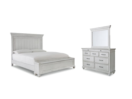 Kanwyn Queen Panel Bed with Storage with Mirrored Dresser in Whitewash from Ashley - Luna Furniture