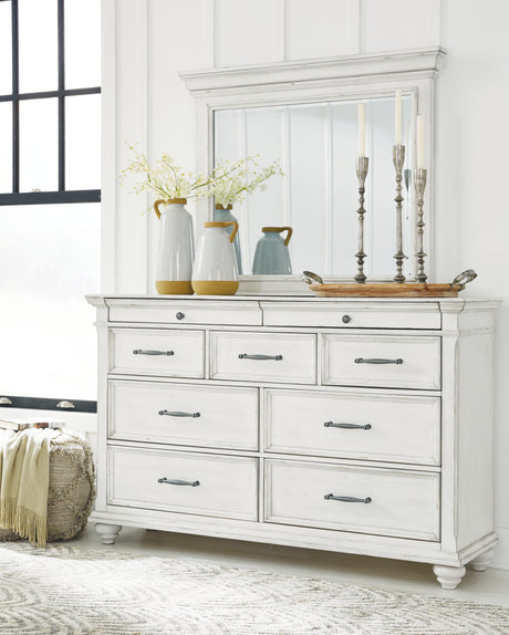 Kanwyn Queen Panel Bed with Storage with Mirrored Dresser in Whitewash from Ashley Furniture - Luna Furniture