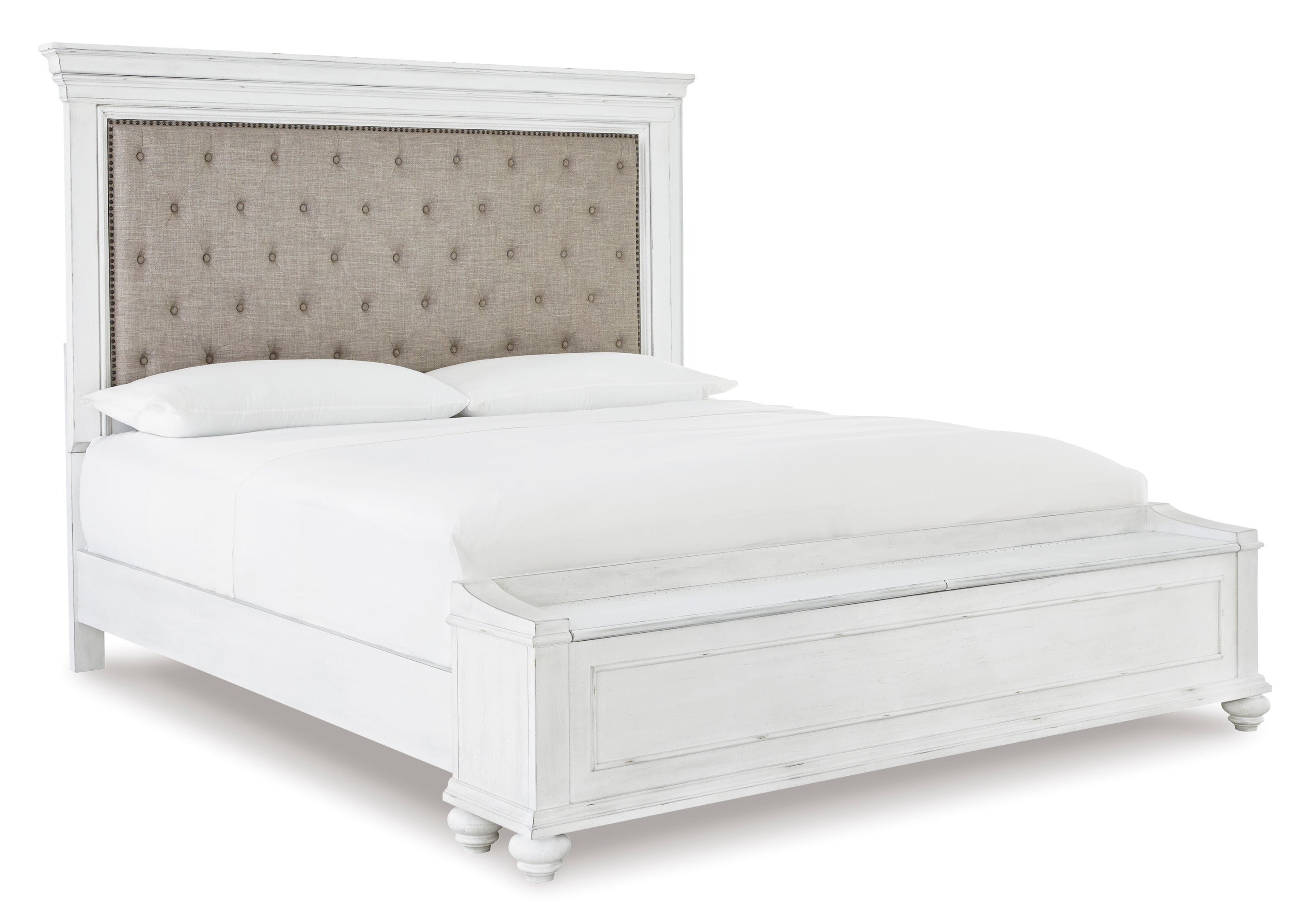 Kanwyn Whitewash Queen Upholstered Panel Bed with Storage Bench