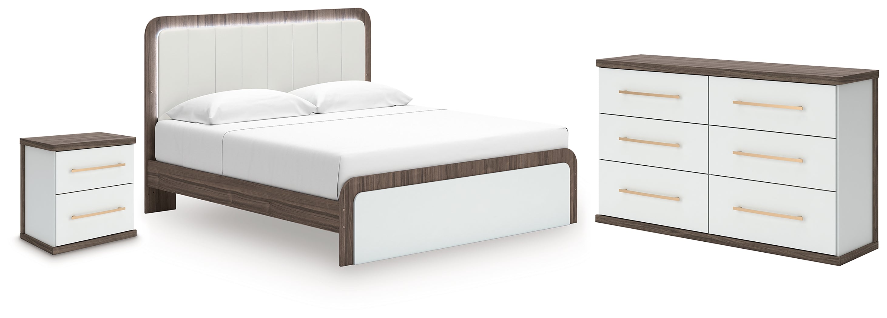 Ashley Furniture Kendanport White/Brown King Upholstered Bed, Dresser and Nightstand (Online Special Price)