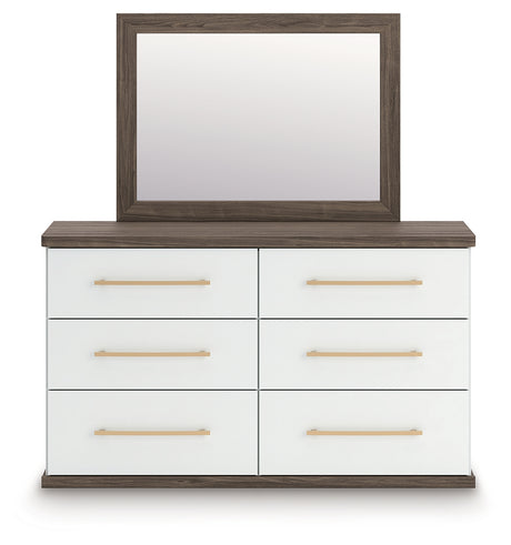 Kendanport White/Brown Queen Upholstered Bed, Dresser, Mirror and Nightstand from Ashley Furniture - Luna Furniture