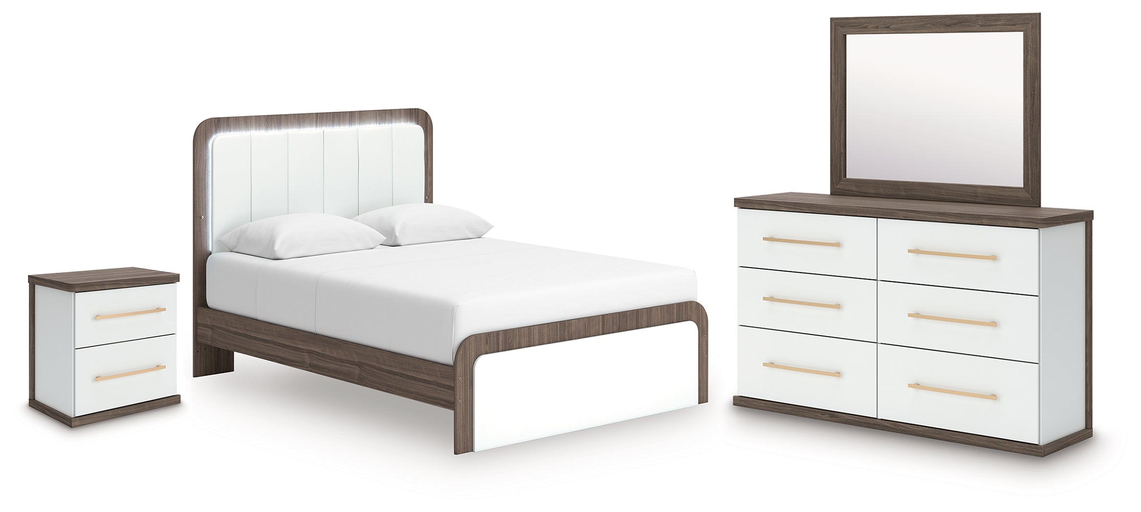 Ashley Furniture Kendanport White/Brown Queen Upholstered Bed, Dresser, Mirror and Nightstand (Online Special Price)