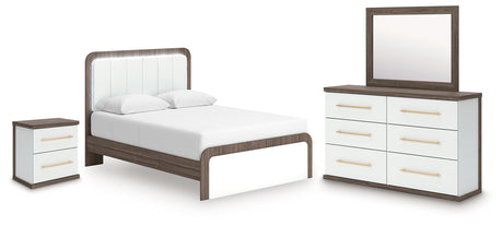 Kendanport White/Brown Queen Upholstered Bed, Dresser, Mirror and Nightstand from Ashley Furniture - Luna Furniture