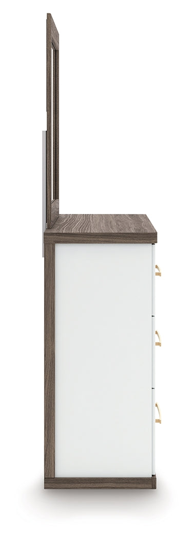 Kendanport White/Brown Queen Upholstered Bed, Dresser, Mirror and Nightstand from Ashley Furniture - Luna Furniture