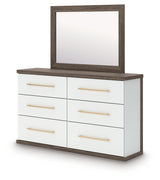 Kendanport White/Brown Queen Upholstered Bed, Dresser, Mirror and Nightstand from Ashley Furniture - Luna Furniture