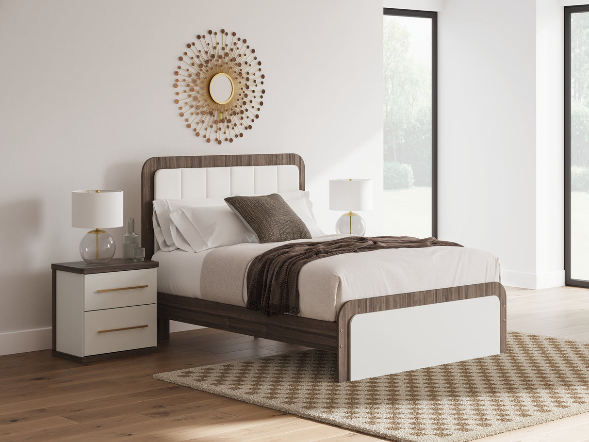 Kendanport White/Brown Queen Upholstered Bed, Dresser, Mirror and Nightstand from Ashley Furniture - Luna Furniture