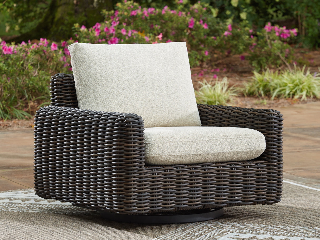 Kimora Beige/Dark Brown Outdoor Swivel Lounge Chair from Ashley Furniture - Luna Furniture