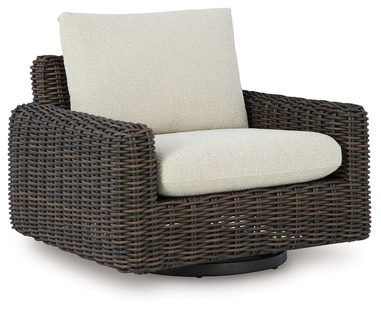 Kimora Beige/Dark Brown Outdoor Swivel Lounge Chair from Ashley Furniture - Luna Furniture