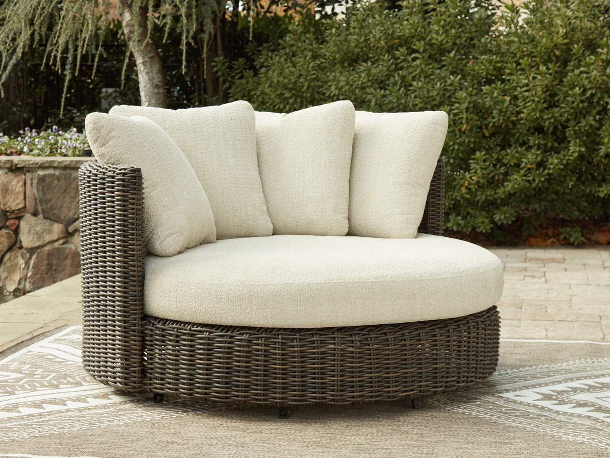 Kimora Beige/Dark Brown Outdoor Swivel Lounge Chair with Cushion from Ashley Furniture - Luna Furniture