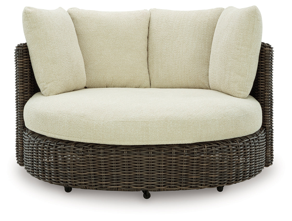 Kimora Beige/Dark Brown Outdoor Swivel Lounge Chair with Cushion from Ashley Furniture - Luna Furniture