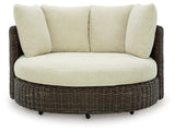 Kimora Beige/Dark Brown Outdoor Swivel Lounge Chair with Cushion from Ashley Furniture - Luna Furniture