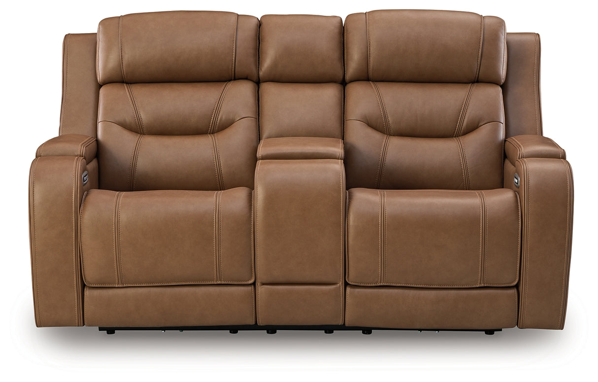 Knightington Caramel Power Reclining Loveseat with Audio Seating from Ashley - Luna Furniture