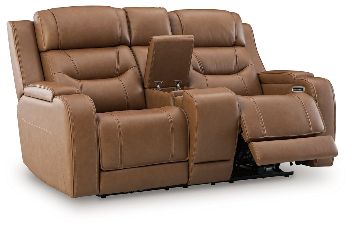 Knightington Caramel Power Reclining Loveseat with Audio Seating from Ashley - Luna Furniture