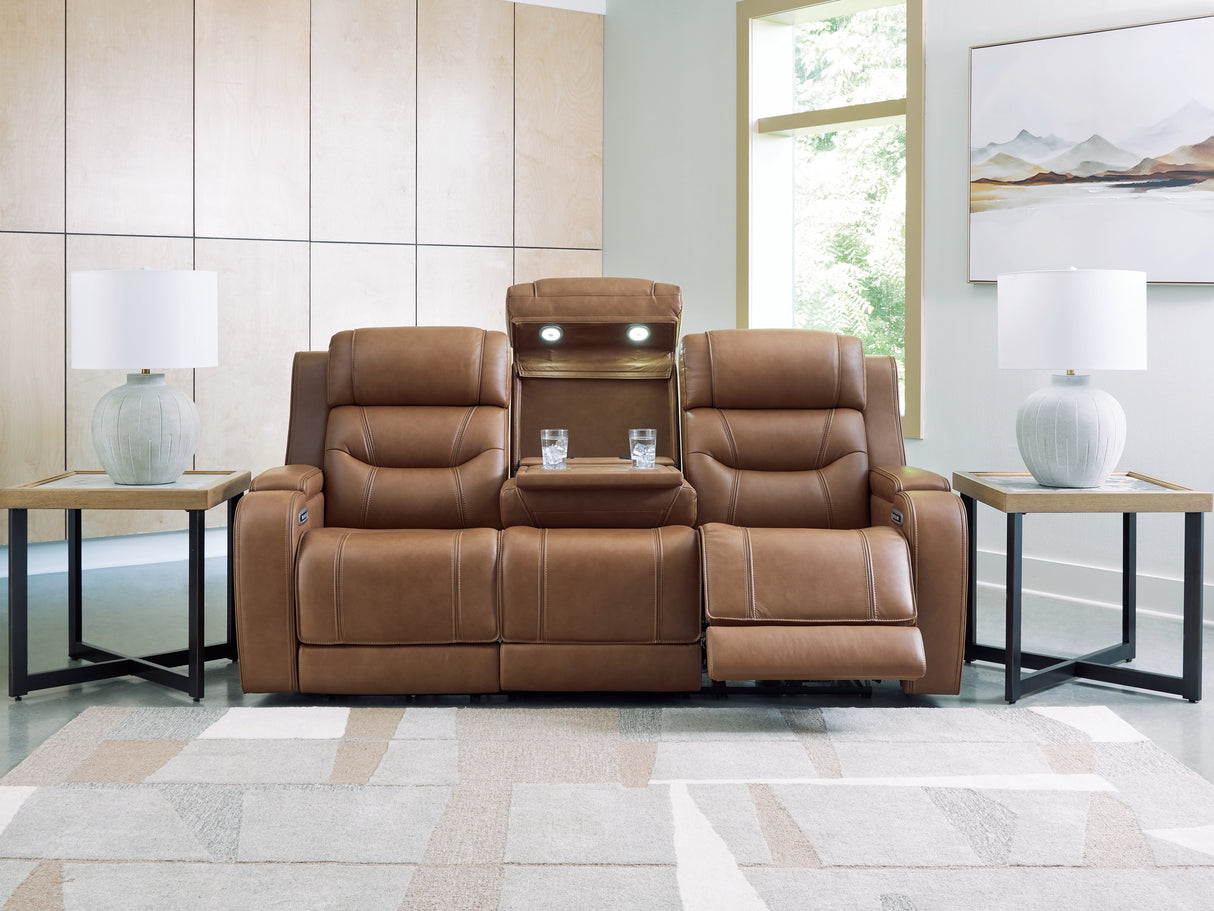 Knightington Caramel Power Reclining Sofa with Audio Seating from Ashley - Luna Furniture