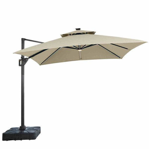 Sano Beige 10' Square Double Top Umbrella with LED Lights and 37" Base
