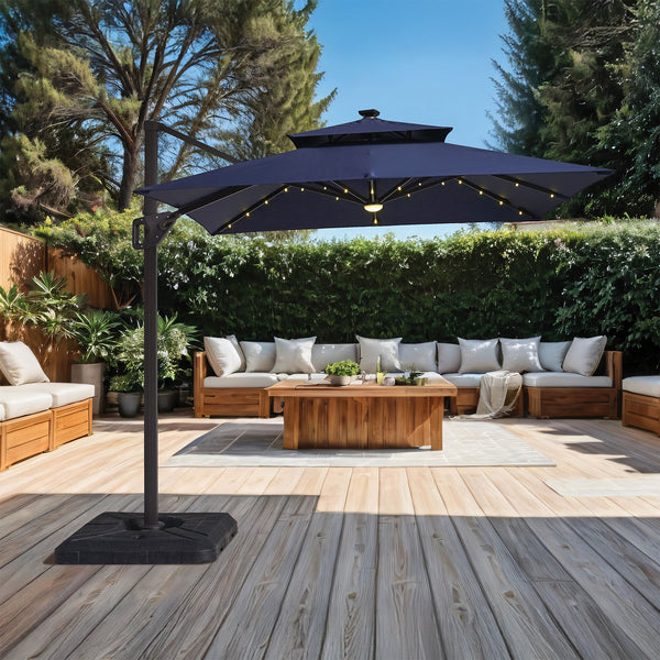 Xico Teal 8' Square Double Top Umbrella with LED Lights and 37" Base