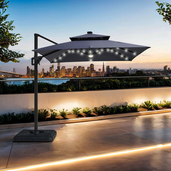 Xico Gray 8' Square Double Top Umbrella with LED Lights and 37" Base