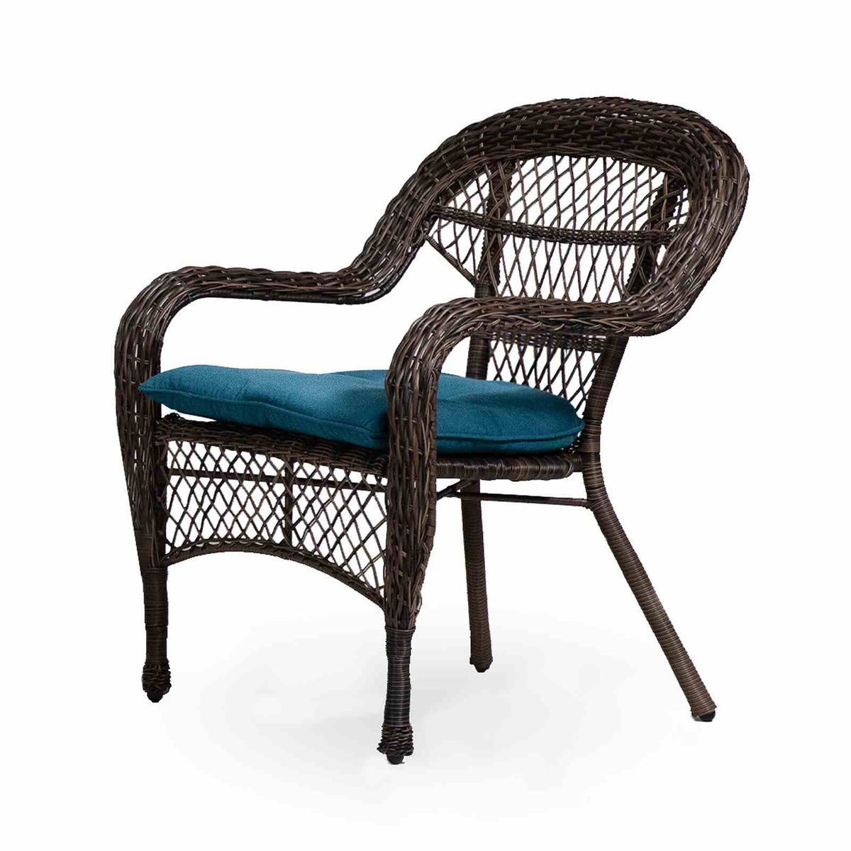 Oliveri Brown/Blue stacking chair, brown wicker weave with blue cushion, three-quarter view