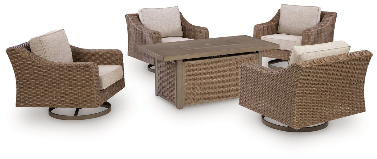 Laguna Heights Outdoor Fire Pit Table and 4 Chairs in Beige from Ashley - Luna Furniture
