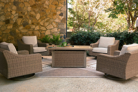 Laguna Heights Outdoor Fire Pit Table and 4 Chairs in Beige from Ashley - Luna Furniture