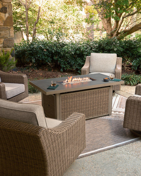 Laguna Heights Outdoor Fire Pit Table and 4 Chairs in Beige from Ashley - Luna Furniture
