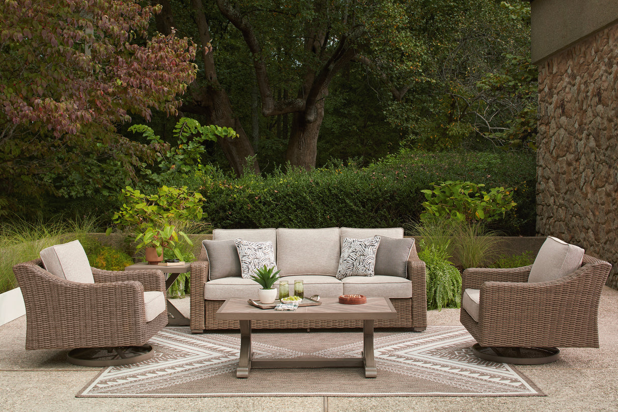 Laguna Heights Outdoor Sofa and 2 Lounge Chairs with Coffee Table and End Table in Beige from Ashley Furniture - Luna Furniture