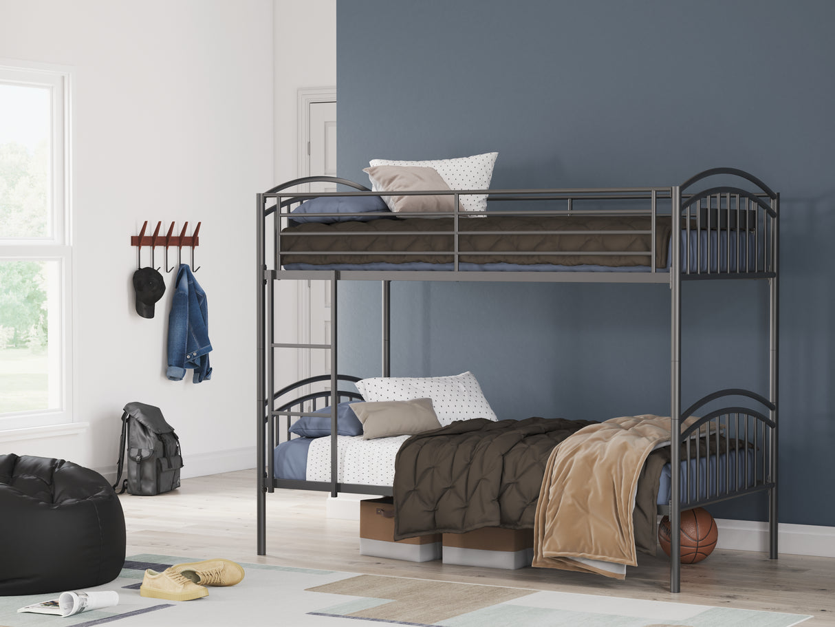 Lanceburg Gray Twin over Twin Bunk Bed and 2 Mattresses from Ashley Furniture - Luna Furniture