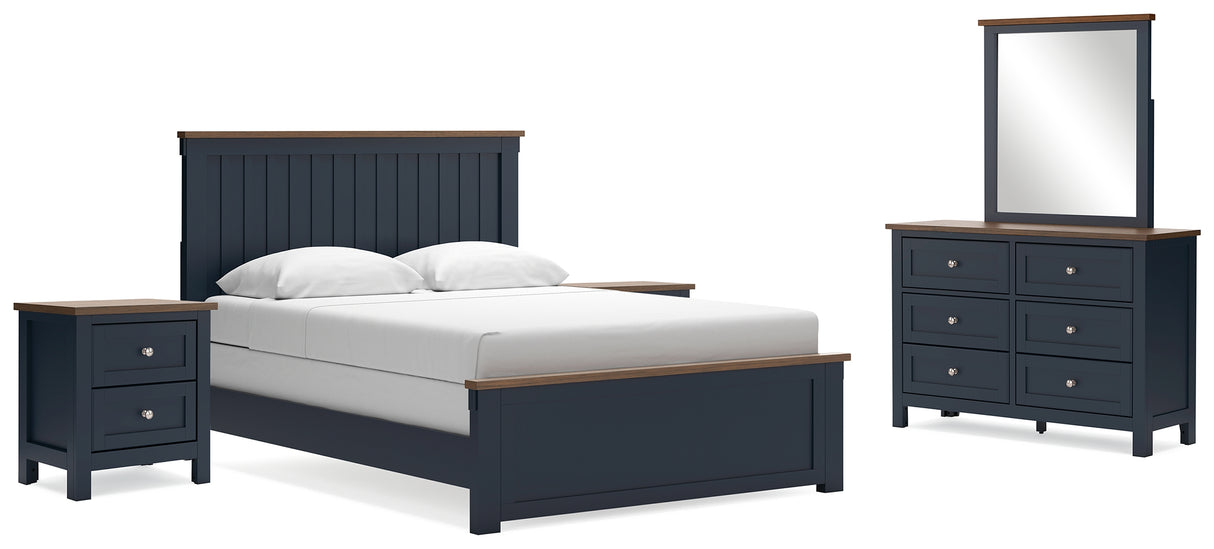 Landocken Queen Panel Bed with Mirrored Dresser and 2 Nightstands in Brown/Blue from Ashley - Luna Furniture