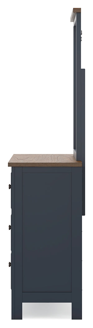Landocken Queen Panel Headboard with Mirrored Dresser, Chest and 2 Nightstands in Brown/Blue from Ashley - Luna Furniture