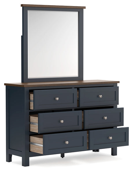 Landocken Queen Panel Headboard with Mirrored Dresser and 2 Nightstands in Brown/Blue from Ashley - Luna Furniture