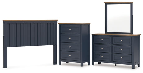 Landocken Queen Panel Headboard with Mirrored Dresser and Chest in Brown/Blue from Ashley - Luna Furniture