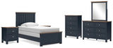 Landocken Twin Panel Bed with Mirrored Dresser, Chest and 2 Nightstands in Brown/Blue from Ashley - Luna Furniture