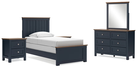 Landocken Twin Panel Bed with Mirrored Dresser and 2 Nightstands in Brown/Blue from Ashley - Luna Furniture