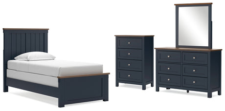Landocken Twin Panel Bed with Storage with Mirrored Dresser and Chest in Brown/Blue from Ashley - Luna Furniture