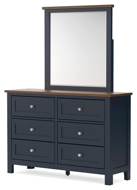 Landocken Twin Panel Headboard with Mirrored Dresser, Chest and 2 Nightstands in Brown/Blue from Ashley - Luna Furniture