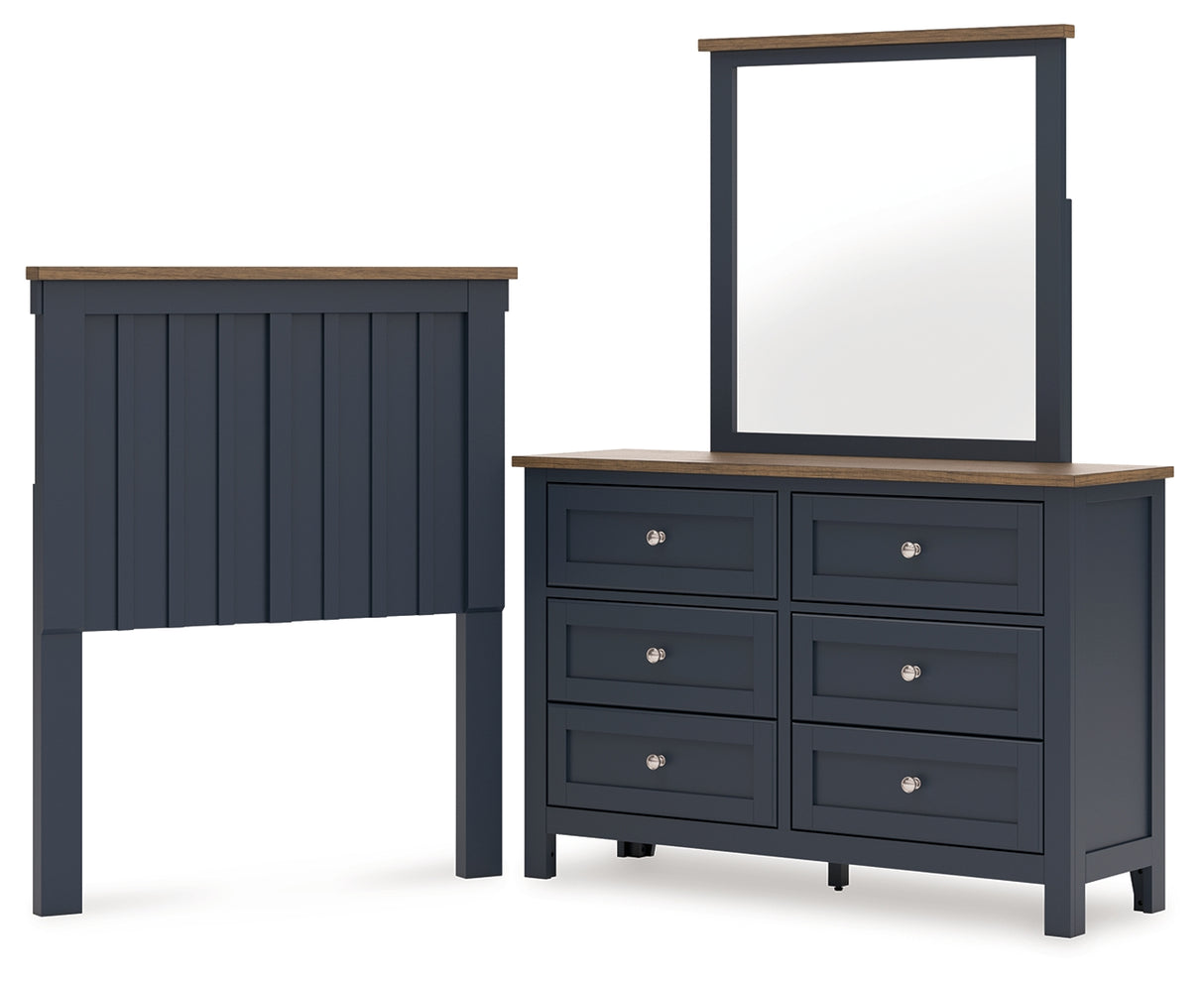 Landocken Twin Panel Headboard with Mirrored Dresser in Brown/Blue from Ashley Furniture - Luna Furniture