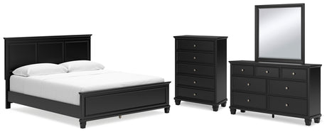 Lanolee California King Panel Bed with Mirrored Dresser and Chest in Black from Ashley - Luna Furniture