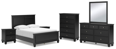 Lanolee Full Panel Bed with Mirrored Dresser, Chest and 2 Nightstands in Black from Ashley - Luna Furniture