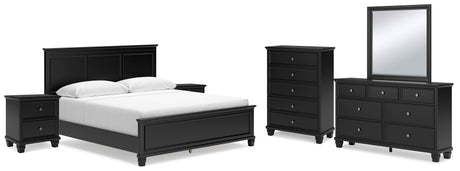 Lanolee King Panel Bed with Mirrored Dresser, Chest and 2 Nightstands in Black from Ashley - Luna Furniture