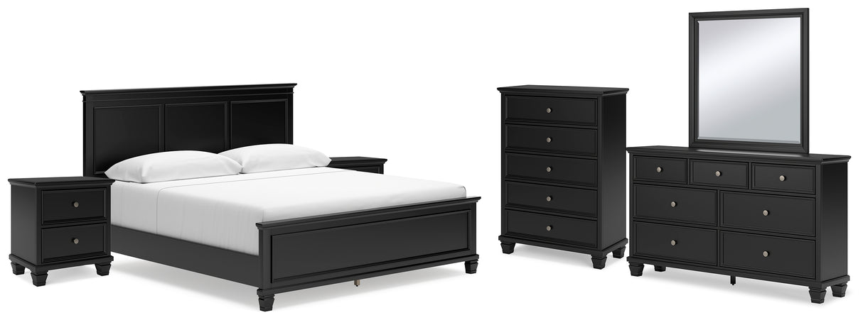 Lanolee King Panel Bed with Mirrored Dresser, Chest and 2 Nightstands in Black from Ashley Furniture - Luna Furniture