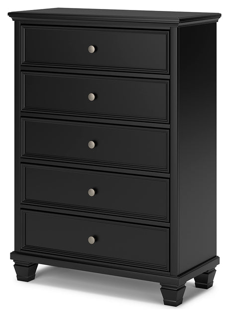 Lanolee King Panel Bed with Mirrored Dresser and Chest in Black from Ashley - Luna Furniture